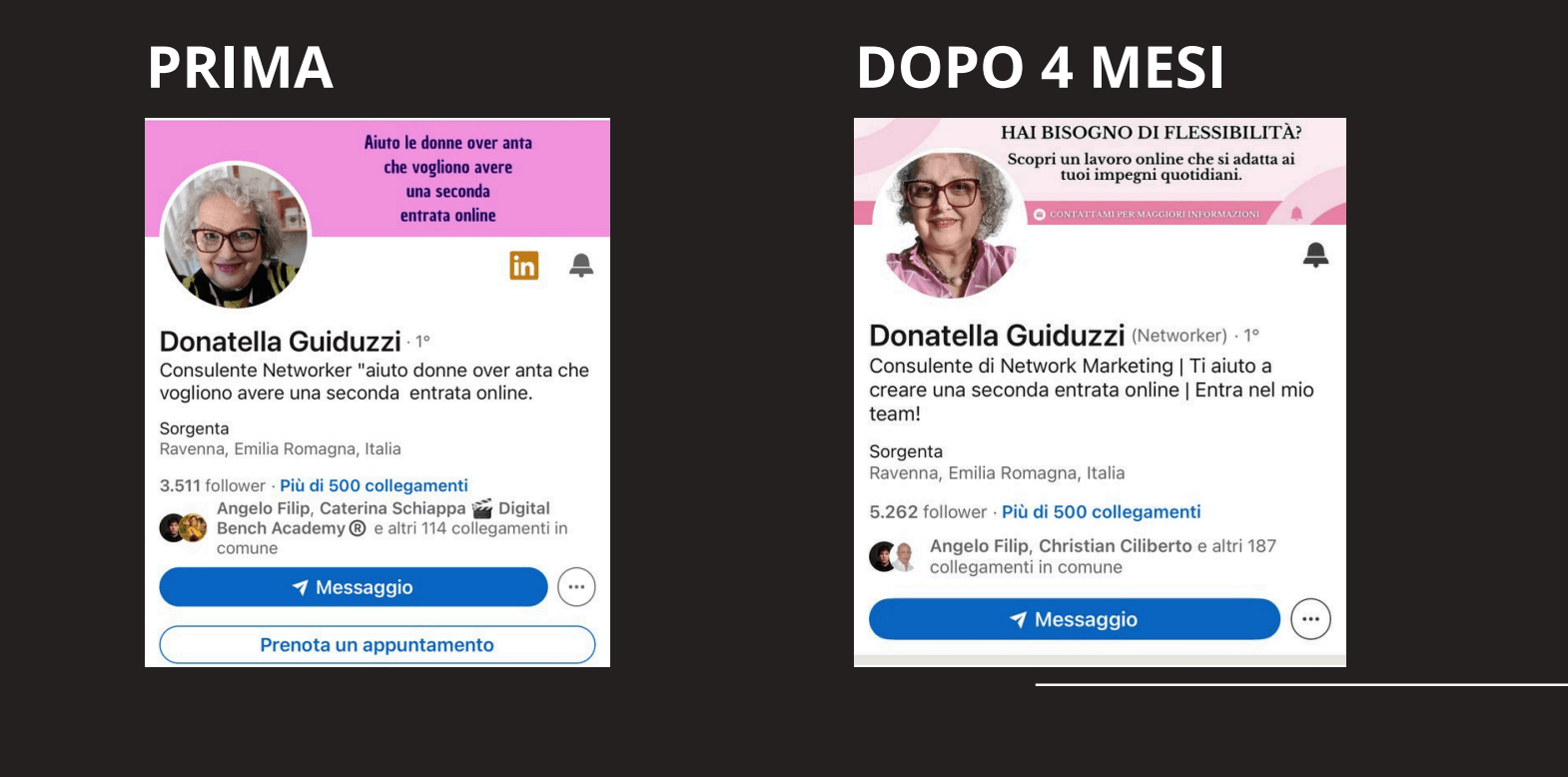 Schermata del profilo LinkedIn di Donatella Guiduzzi prima e dopo l’ottimizzazione: confronto tra il vecchio profilo e quello aggiornato dopo 4 mesi di percorso.