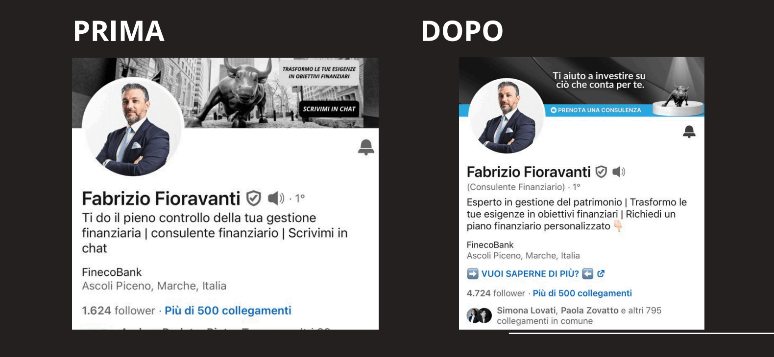Confronto tra il profilo LinkedIn di Fabrizio Fioravanti prima e dopo l’ottimizzazione: a sinistra la versione iniziale, a destra il profilo aggiornato con nuova headline, grafica professionale e aumento dei follower.