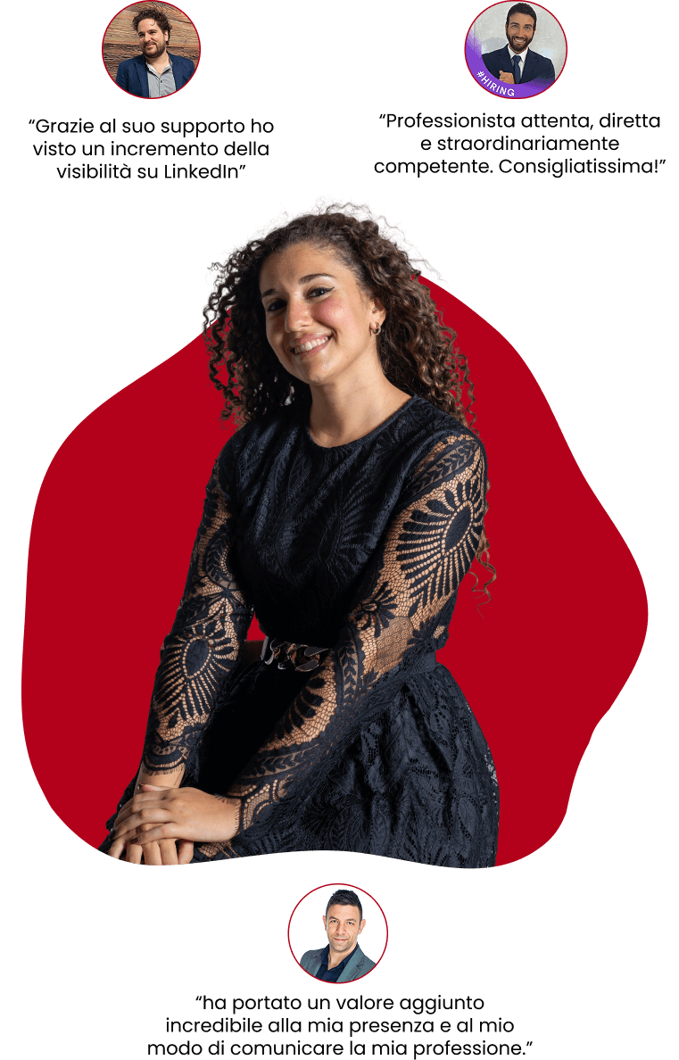 Jessica seduta con abito nero in pizzo su sfondo rosso stilizzato, circondata da piccole immagini di persone che rappresentano testimonianze.