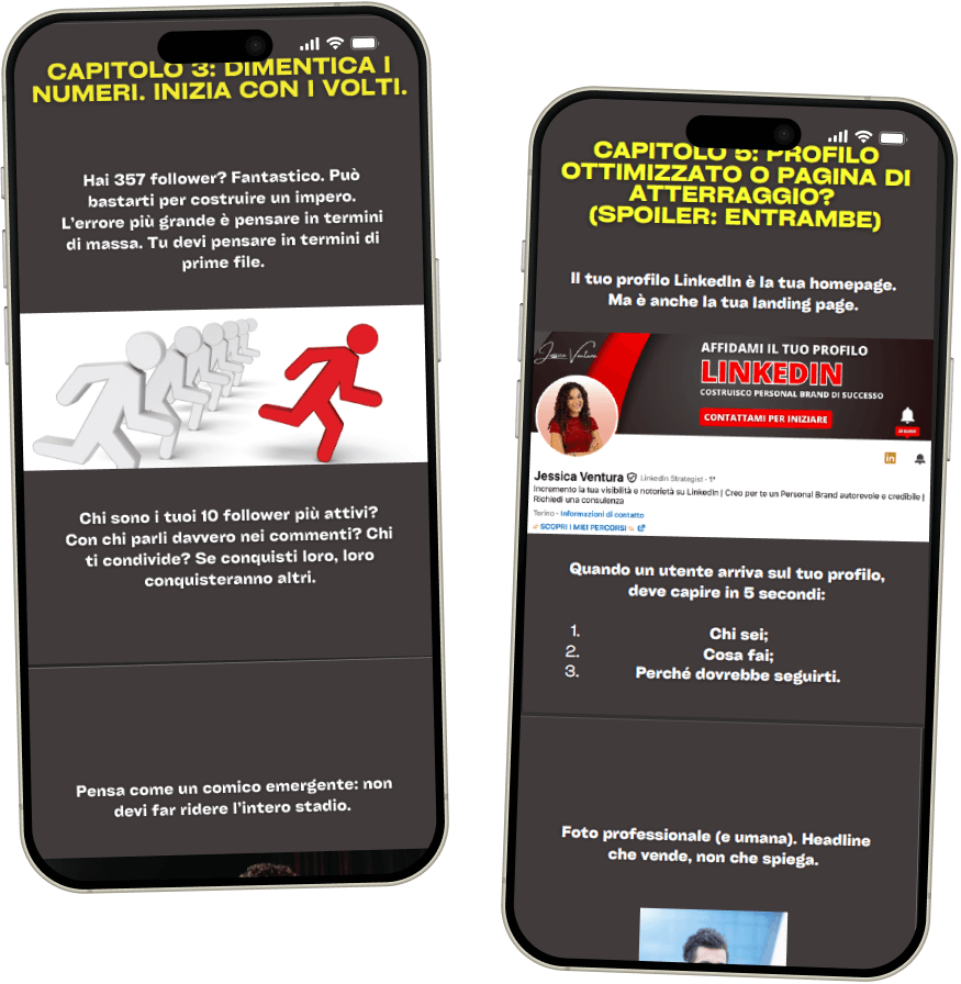 Mockup di due smartphone che mostrano pagine interne di un eBook: uno con un’illustrazione di figure stilizzate in corsa, l’altro con la schermata di un profilo LinkedIn e testo esplicativo sul personal branding