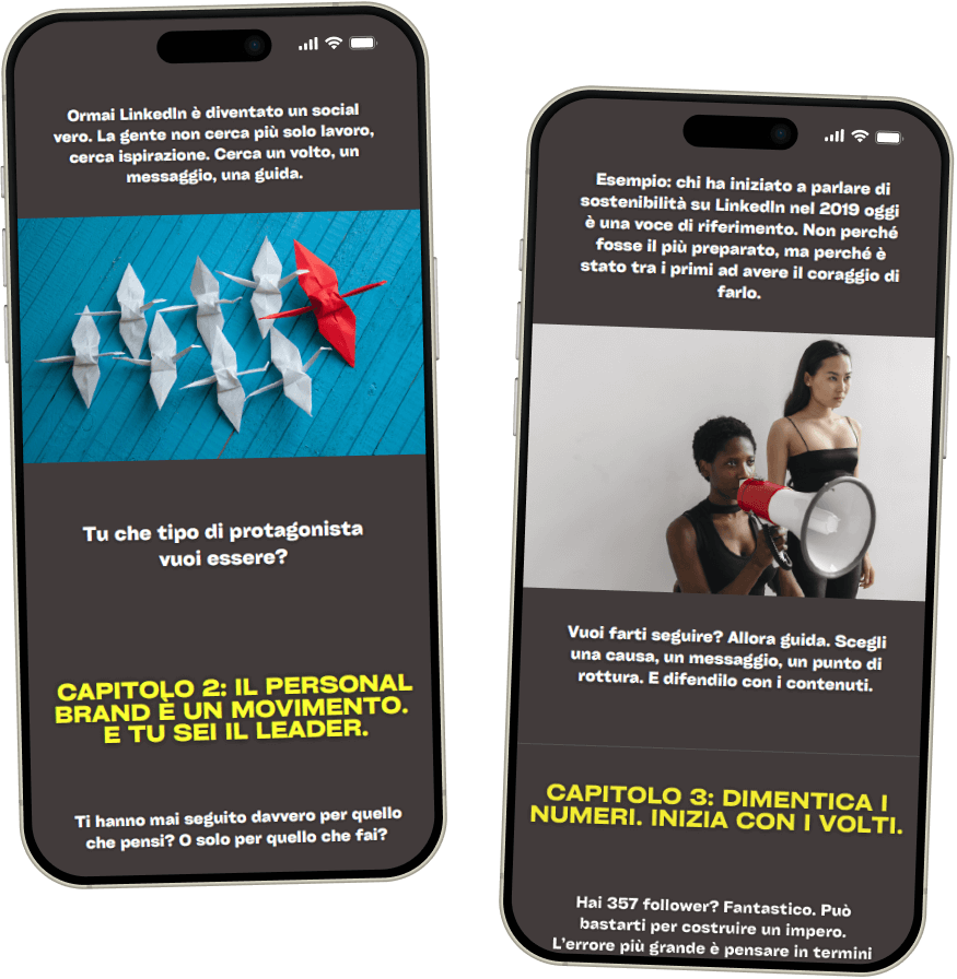 Mockup di due smartphone che mostrano pagine interne di un eBook, con immagini di origami e persone con megafono a supporto dei capitoli sul personal brand.