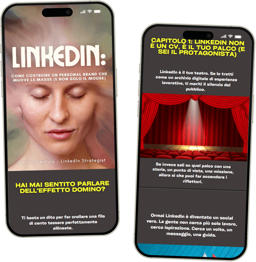 Mockup di due smartphone che mostrano la copertina di un eBook e una pagina interna con testo e scenografia teatrale.