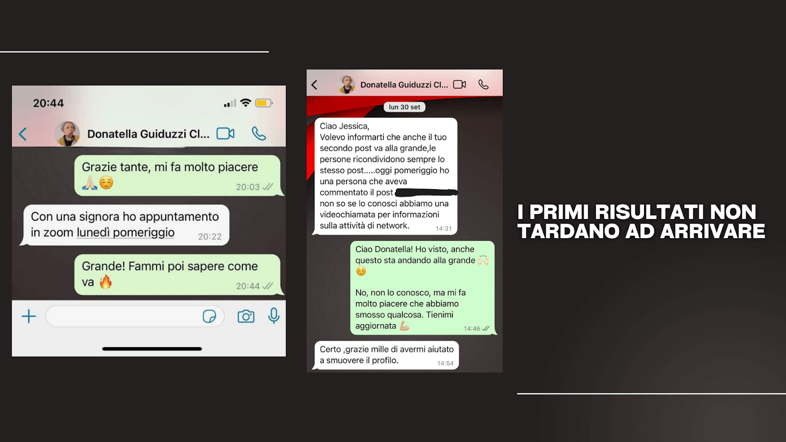 Screenshot delle chat WhatsApp di Donatella Guiduzzi che mostrano i primi risultati ottenuti grazie al percorso LinkedIn: nuovi contatti, appuntamenti e feedback positivi.
